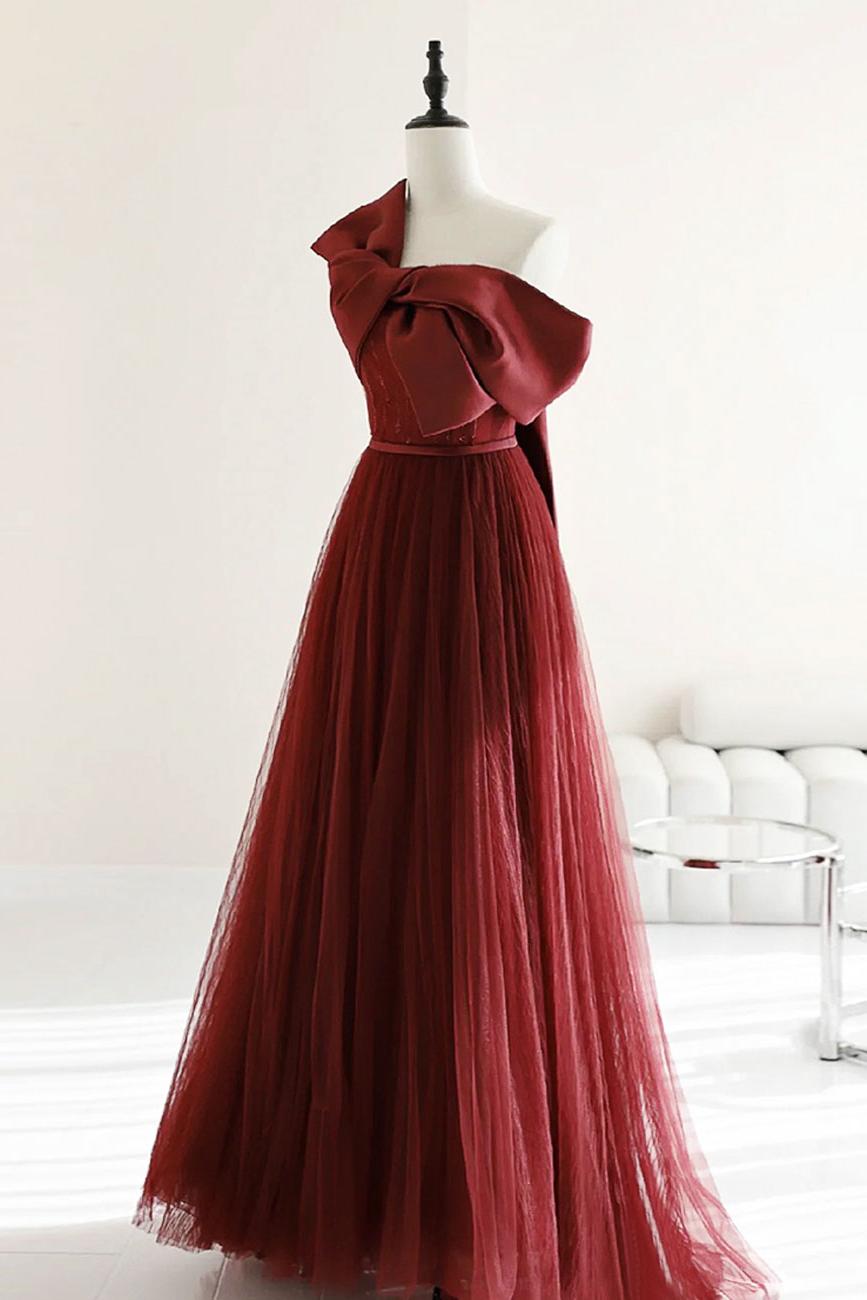 A Line Tulle Burgundy Prom Dress Long Formal Evening Dress