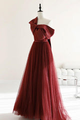 A Line Tulle Burgundy Prom Dress Long Formal Evening Dress
