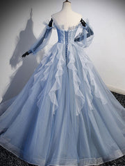 A Line Tulle Gray Blue Prom Dress Long Formal Evening Dress