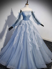 A Line Tulle Gray Blue Prom Dress Long Formal Evening Dress