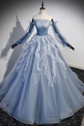 A Line Tulle Gray Blue Prom Dress Long Formal Evening Dress