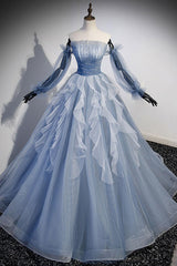 A Line Tulle Gray Blue Prom Dress Long Formal Evening Dress