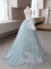 A Line Tulle Lace Blue Prom Dress Long Formal Gown Evening Dress