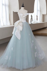 A Line Tulle Lace Blue Prom Dress Long Formal Gown Evening Dress