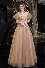 A Line Tulle Lace Champagne Prom Dress Long Formal Evening Dress