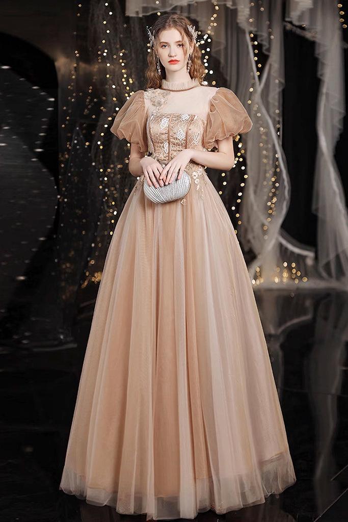 A Line Tulle Lace Champagne Prom Dress Long Formal Evening Dress