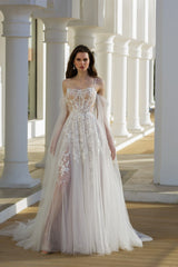 A Line Tulle Lace Spaghetti Straps Long Sleeve White Wedding Dress Bridal Gown With Appliques