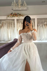 A Line Tulle Lace Strapless Long Sleeve White Wedding Dress Bridal Gown With Split Front