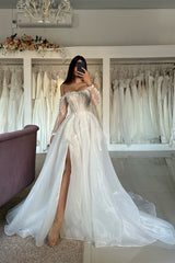 A Line Tulle Lace Strapless Long Sleeve White Wedding Dress Bridal Gown With Split Front