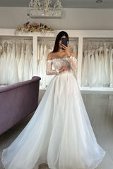 A Line Tulle Lace Strapless Long Sleeve White Wedding Dress Bridal Gown With Split Front