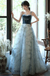 A Line Tulle Sequin Long Blue Prom Dress Formal Evening Dress