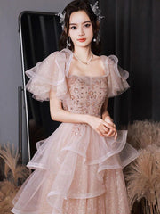 A Line Tulle Sequin Pink Prom Dress Long Shiny Evening Dress