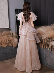 A Line Tulle Sequin Pink Prom Dress Long Shiny Evening Dress