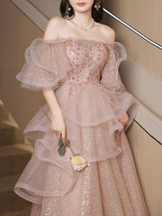 A Line Tulle Sequin Pink Prom Dress Long Shiny Evening Dress