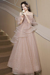 A Line Tulle Sequin Pink Prom Dress Long Shiny Evening Dress
