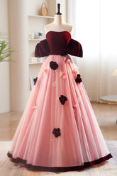 A Line Tulle Velvet Pink/Burgundy Prom Dress Long Formal Gown Evening Dress