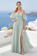A-Line V-Neck Chiffon Long Bridesmaid Dresses With Split Side & Spaghetti Straps
