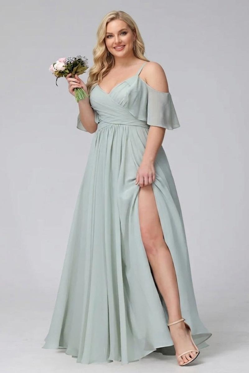 A-Line V-Neck Chiffon Long Plus Size Bridesmaid Dresses With Split Side & Spaghetti Straps