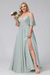 A-Line V-Neck Chiffon Long Plus Size Bridesmaid Dresses With Split Side & Spaghetti Straps