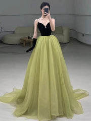 A Line V Neck Green Prom Dress Tulle Long Formal Gown Evening Dress