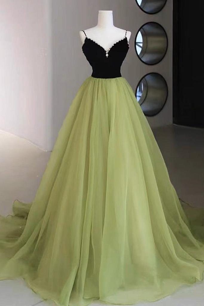 A Line V Neck Green Prom Dress Tulle Long Formal Gown Evening Dress