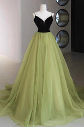 A Line V Neck Green Prom Dress Tulle Long Formal Gown Evening Dress