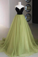 A Line V Neck Green Prom Dress Tulle Long Formal Gown Evening Dress