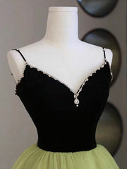 A Line V Neck Green Velvet Formal Dress Tulle Long Evening Dress