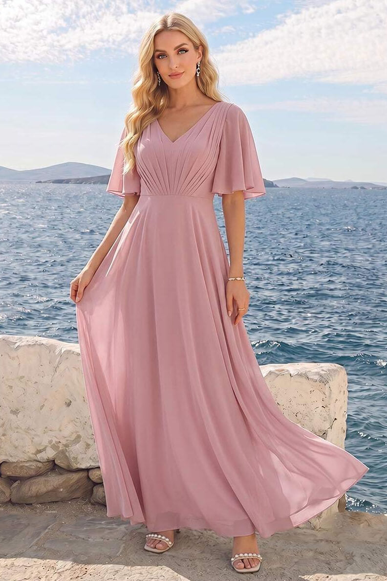 A-Line V-Neck Half Sleeves Long Chiffon Bridesmaid Dresses With Ruffles Pockets