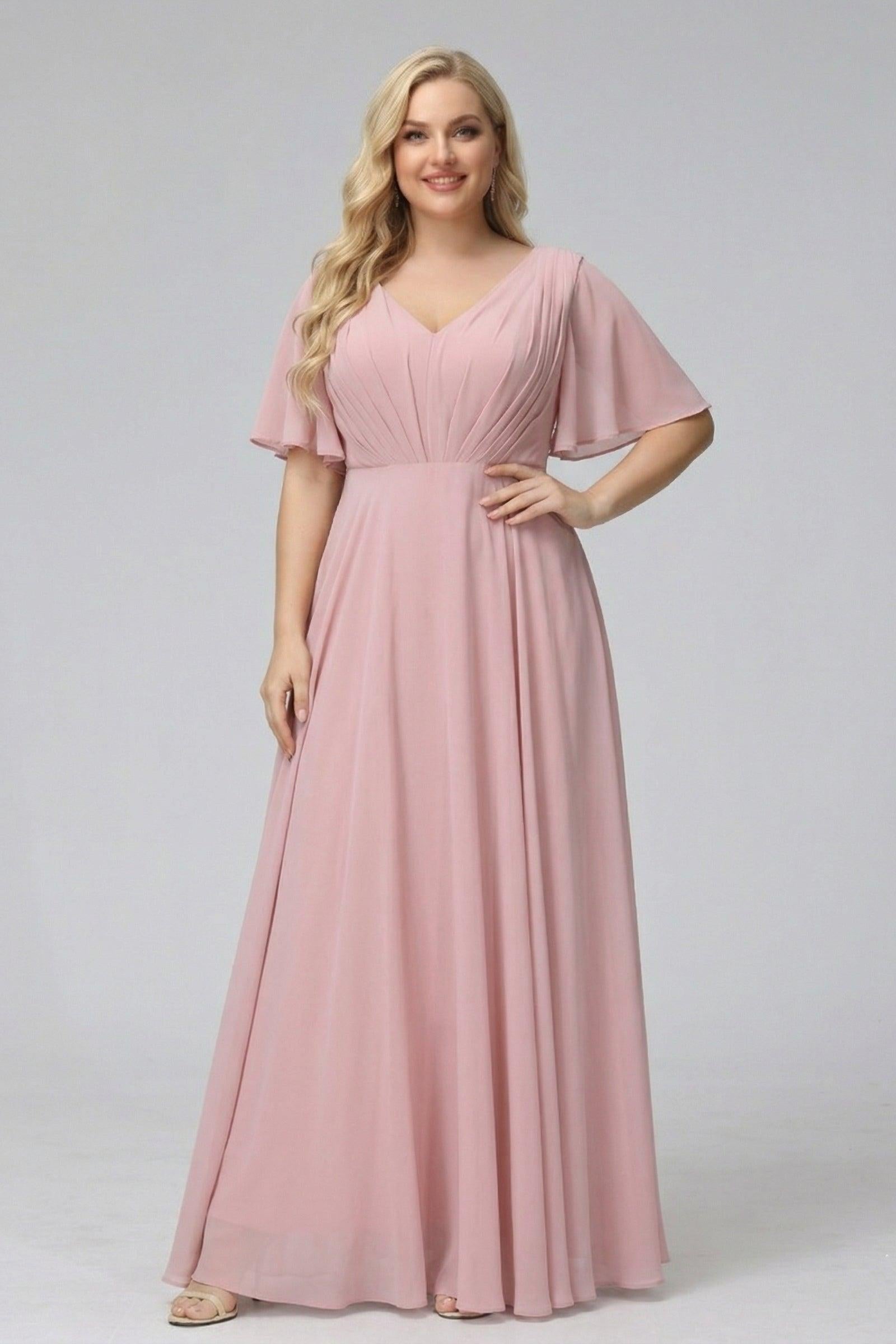A-Line V-Neck Half Sleeves Long Chiffon Plus Size Bridesmaid Dresses With Ruffles Pockets
