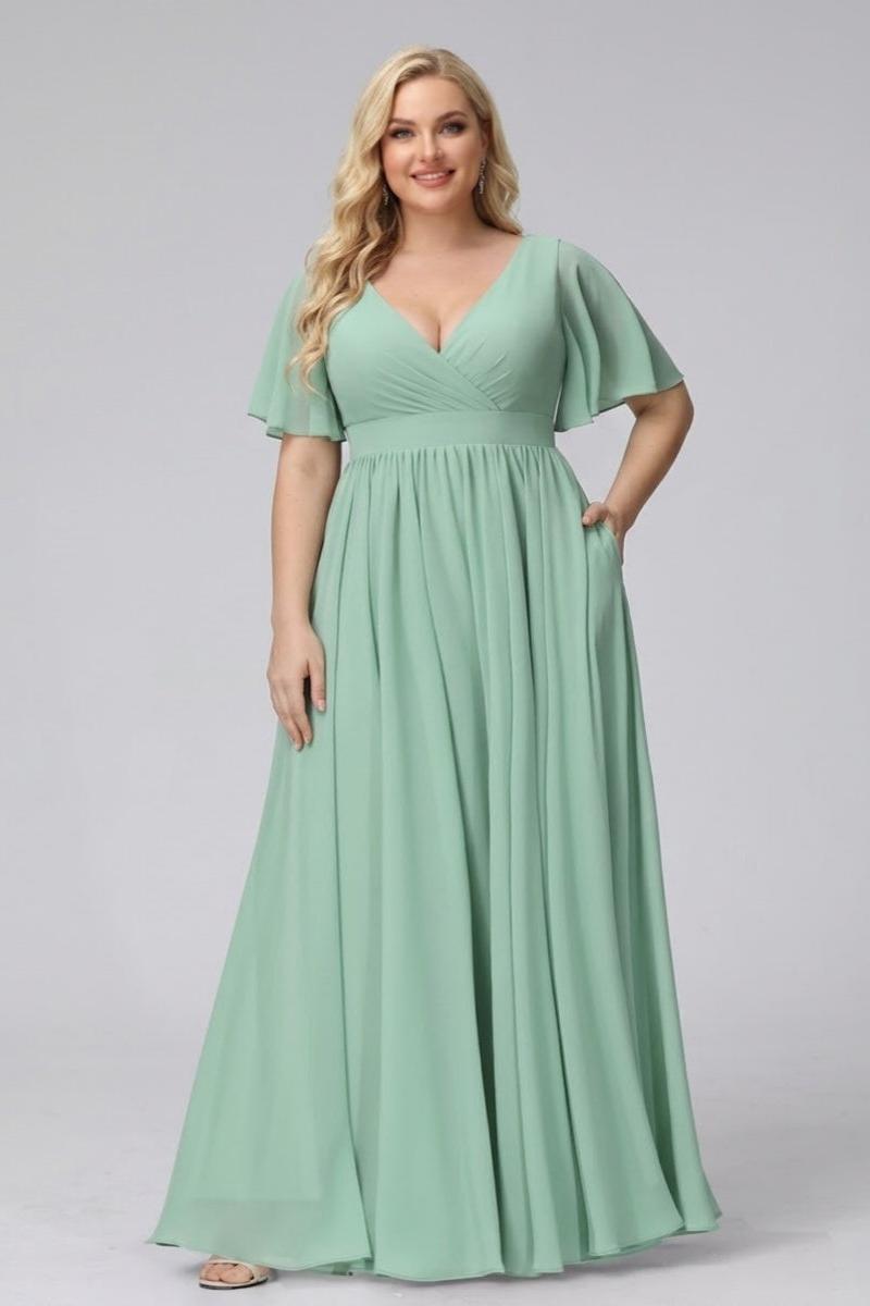 A-Line V-Neck Half Sleeves Long Chiffon Plus Size Bridesmaid Dresses with Ruffles Split Side Pockets