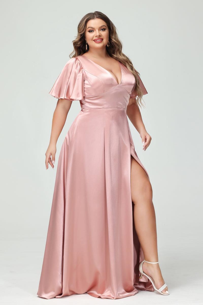 A-Line V-Neck Half Sleeves Silk Satin Plus Size Bridesmaid Dresses with Pockets