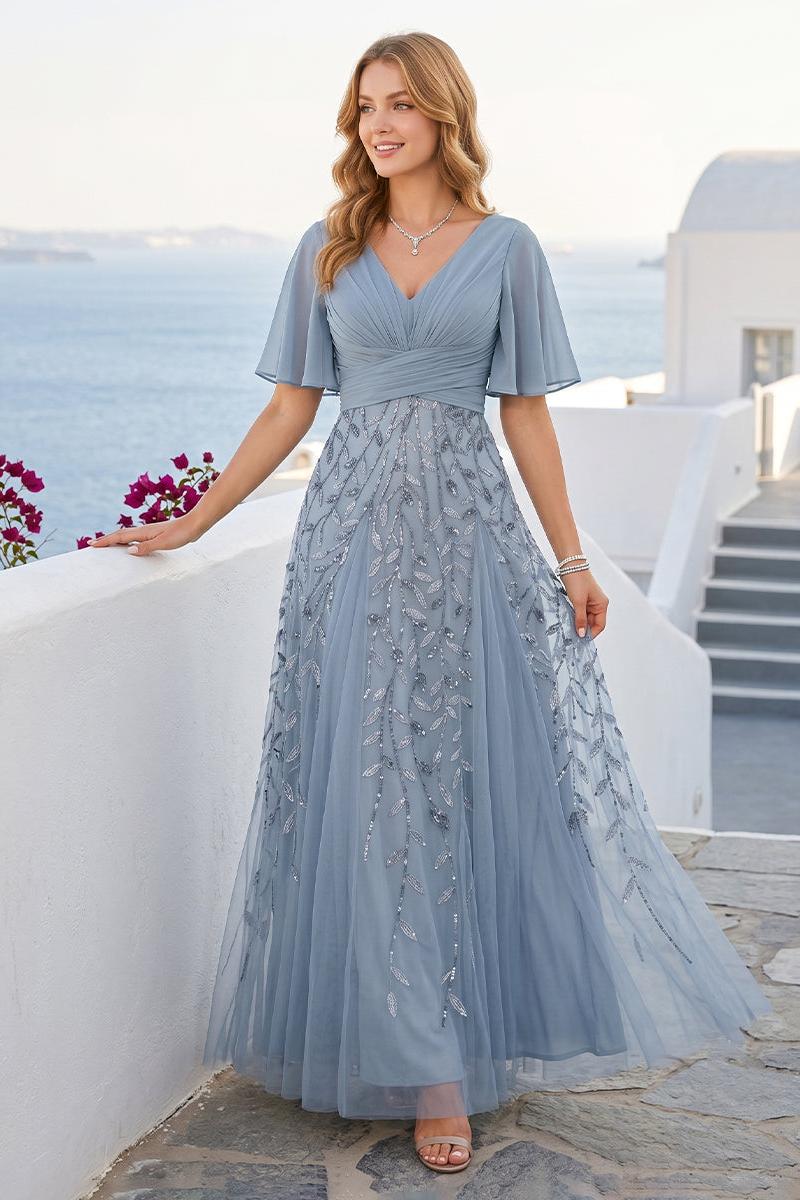A-Line V-Neck Half Sleeves Split Side Chiffon Bridesmaid Dresses With Appliques