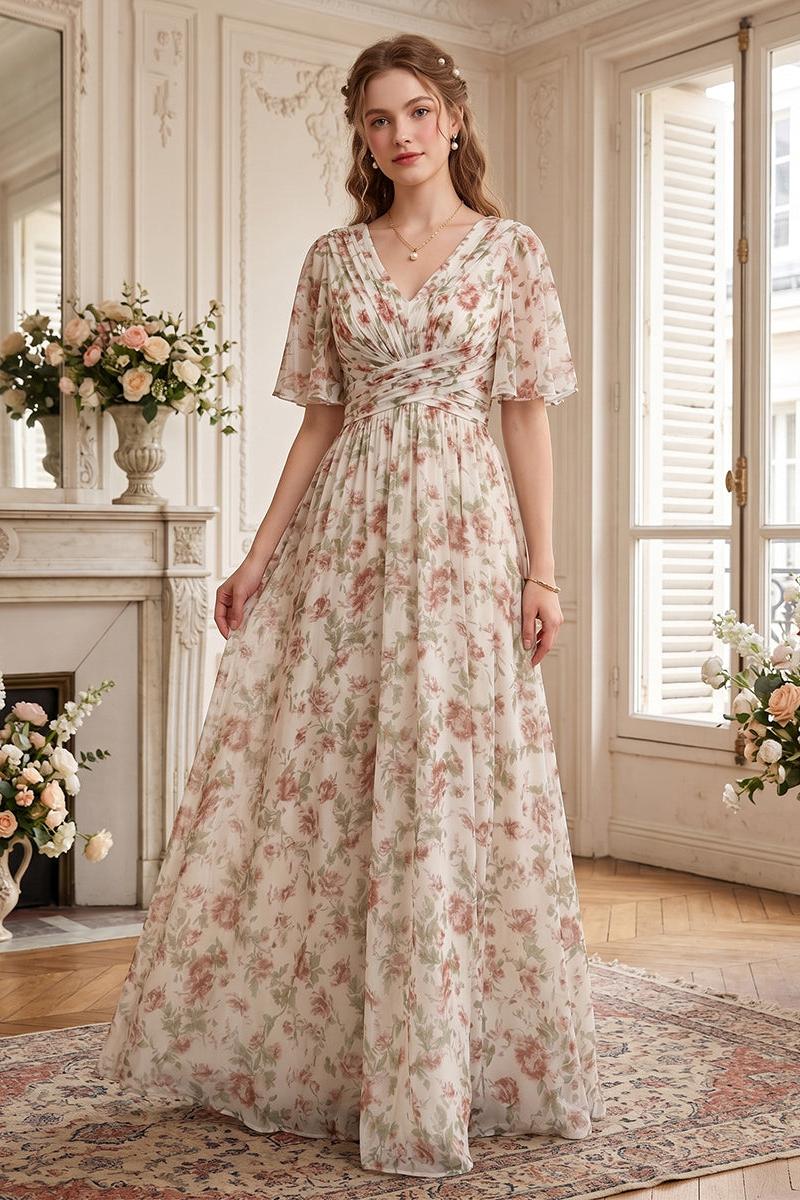 A-Line V-Neck Half Sleeves Split Side Chiffon Floral Bridesmaid Dresses With Pockets