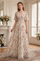 A-Line V-Neck Half Sleeves Split Side Chiffon Floral Bridesmaid Dresses With Pockets