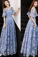 A Line V Neck Lace Long Blue Prom Dress Formal Graduation Dress Formal Evening Dress