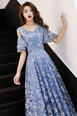 A Line V Neck Lace Long Blue Prom Dress Formal Graduation Dress Formal Evening Dress