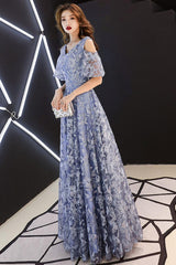 A Line V Neck Lace Long Blue Prom Dress Formal Graduation Dress Formal Evening Dress