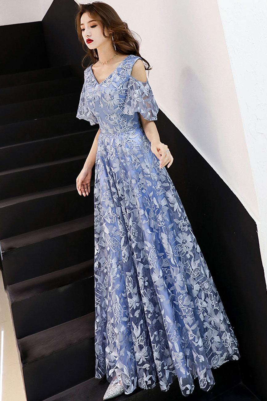 A Line V Neck Lace Long Blue Prom Dress Formal Graduation Dress Formal Evening Dress