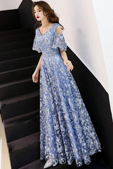 A Line V Neck Lace Long Blue Prom Dress Formal Graduation Dress Formal Evening Dress