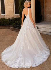A Line V Neck Lace Wedding Dress