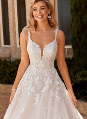 A Line V Neck Lace Wedding Dress
