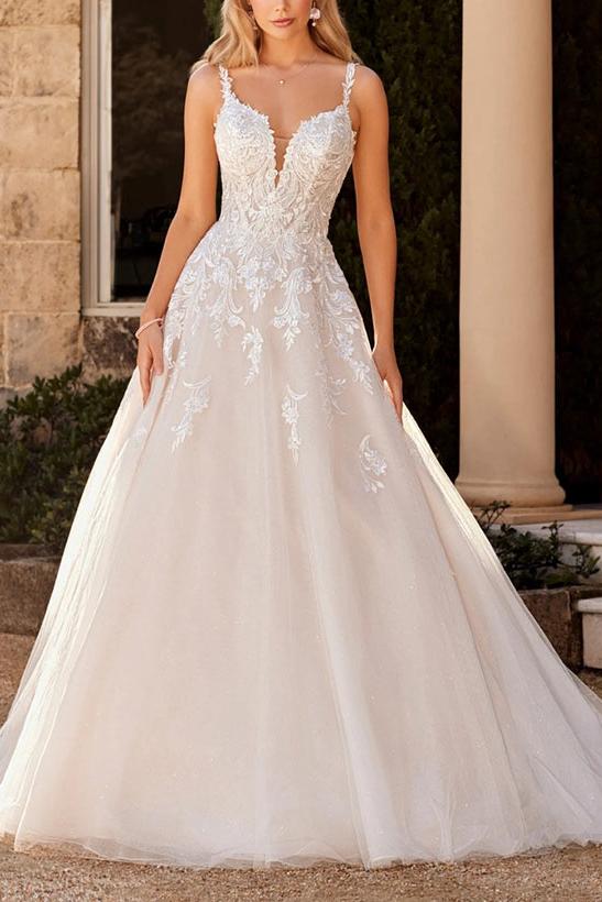 A Line V Neck Lace Wedding Dress