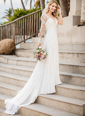 A Line V Neck Long Sleeves Chiffon Court Train Wedding Dress With Lace: