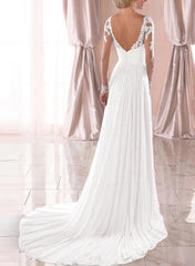 A Line V Neck Long Sleeves Chiffon Court Train Wedding Dress With Lace: