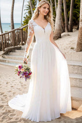 A Line V Neck Long Sleeves Chiffon Court Train Wedding Dress With Lace: