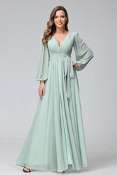 A-Line V-Neck Long Sleeves Chiffon Long Bridesmaid Dresses With Ruffles Split Side