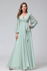 A-Line V-Neck Long Sleeves Chiffon Long Bridesmaid Dresses With Ruffles Split Side