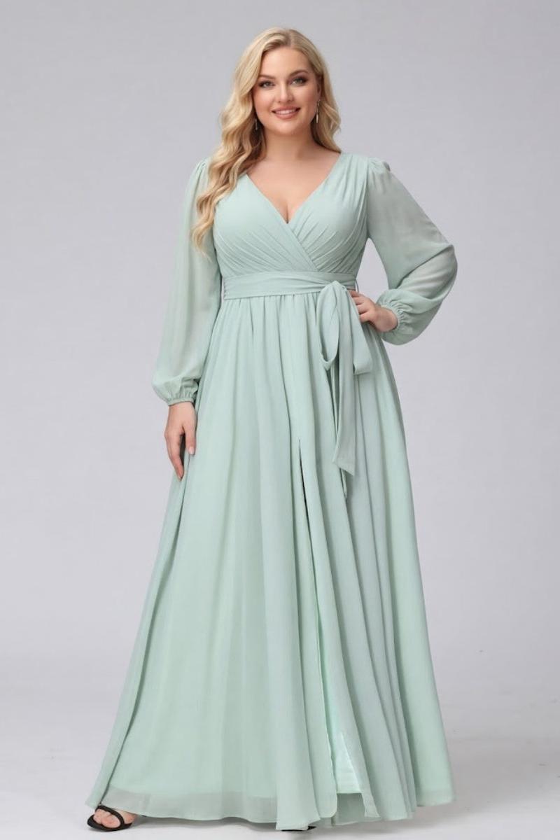 A-Line V-Neck Long Sleeves Chiffon Long Plus Size Bridesmaid Dresses With Ruffles Split Side