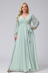 A-Line V-Neck Long Sleeves Chiffon Long Plus Size Bridesmaid Dresses With Ruffles Split Side